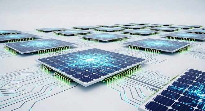 Microchips on circuit board closeup.