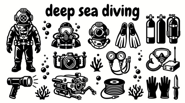 deep sea diving equipment featuring professional divers diving helmets oxygen tanks pressure gauges underwater cameras communication devices lights fins and specialized exploration gear vector