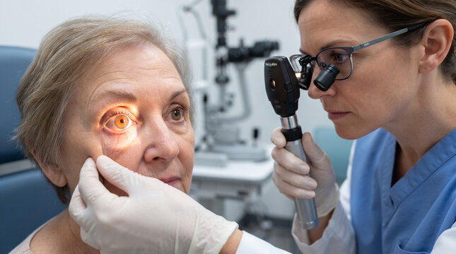 Ophthalmologist in blue scrubs and white gloves using an ophthalmoscope to examine the eye ad social media download thambnail poster web template event festival 2026 2027 2028