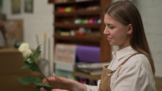 Young adult Caucasian female florist inspecting rose and trimming stems to assemble bouquet, camera tilting down. Footage is ideal for small business marketing and floral design tutorials