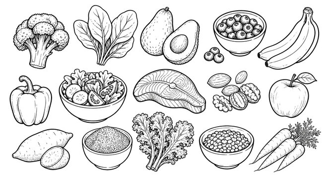 Hand drawn healthy food collection with broccoli, spinach, avocado, salmon, fruits, vegetables, nuts for nutrition and balanced diet concepts.