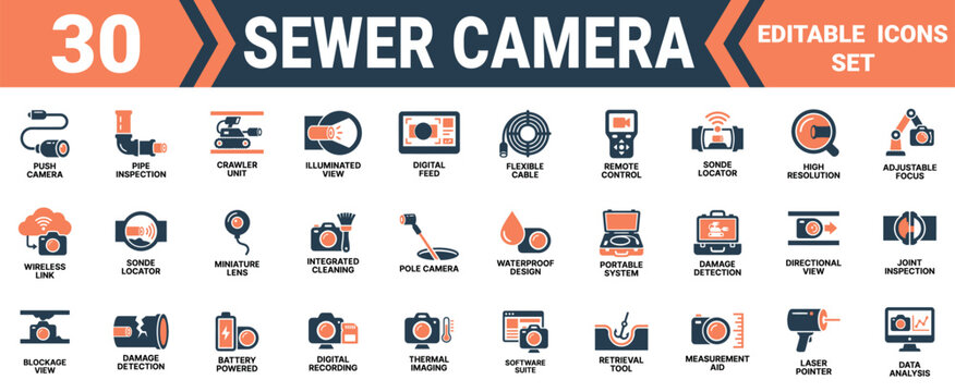 Set of 30 sewer camera icons for pipe inspection and industrial plumbing maintenance and damage repair Minimal solid fill icon set bundle collection. Editable Vector Illustration Mega pack
