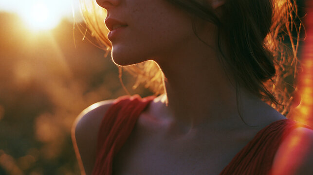 A close-up profile portrait of a young woman bathed in the warm golden glow of a sunset highlighting her delicate jawline collarbone and red dress with a dreamy cinematic film aesthetic.