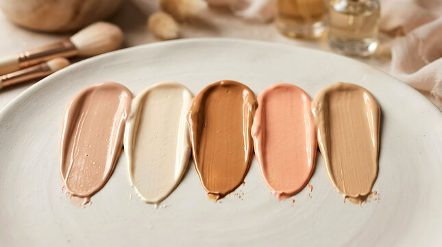 Foundation makeup shade swatches on ceramic plate with beauty brushes