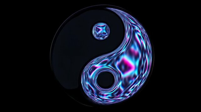 3D yin-yang symbol with one half showing a flowing, colorful liquid texture on a black background. Layered composition brings together yin-yang symbol and flowing motion.