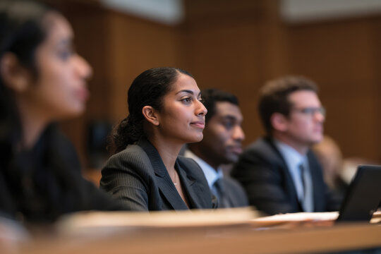 A focused woman dressed in business attire is seen in a courtroom. Her expression captures the essence of professionalism and commitment to her role.