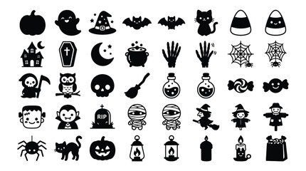 Naklejka premium Halloween cute and spooky black silhouette icons set featuring monsters candy and magical items halloween silhouette cauldron frankestein