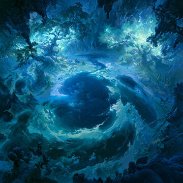 a top down view of deep giant, multi continent sized underground cavern. filled with an underground ocean. illuminated by giant glowing world trees, whose branches reach the top of the cavern. 