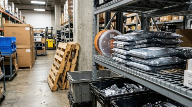 NAND flash supply chain concept with memory packages, wafer reels, empty pallet spaces, logistics containers, and anti-static bins in storage