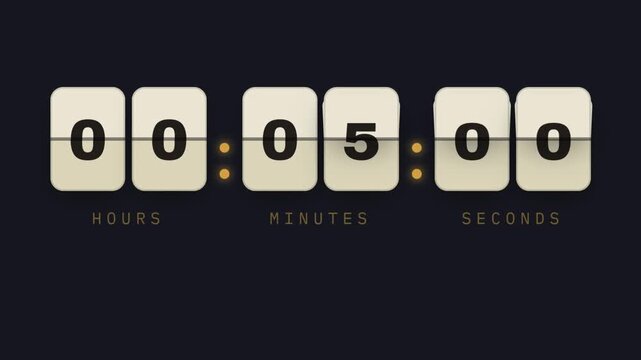 Vintage Flip Clock Countdown Timer Animation Displaying Hours Minutes Seconds Retro Split Flap Counter Black Background Motion Graphic