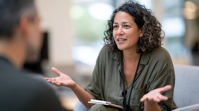 In an outpatient mental health consultation room, a psychotherapist leans forward attentively while a seated client speaks with open hand gestures, a small notepad resting closed o
