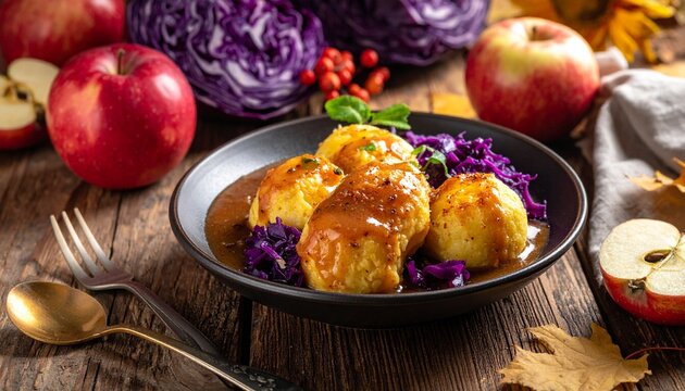 Apfel-Rotkohl mit Kartoffelkl&ouml;&szlig;en und Bratensauce
