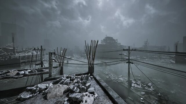 Flooded rooftop with tangled power wires and reflective puddles, cloudchoked horizon and distant ruined building shapes, gritty atmosphere suggests aftermath