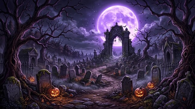 Spooky halloween graveyard with glowing pumpkins and a large purple full moon in a dark mysterious night sky