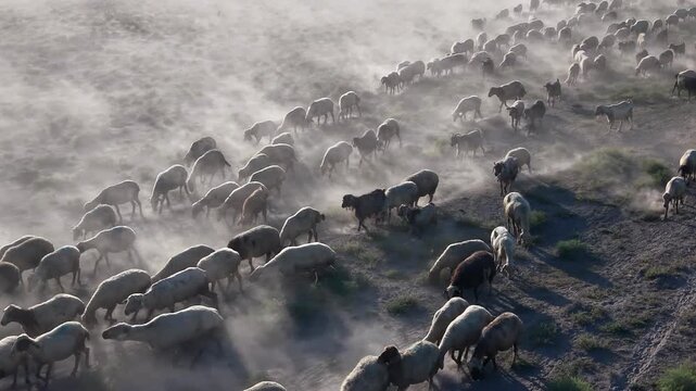 Adabag, Konya, Turkiye - 20 August 2026: Aerial view of a large flock of sheep moving across a dry, dusty landscape, kicking up clouds of dust as they travel.