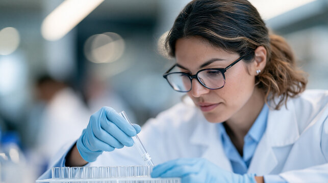 Labeling one critical sample tube beside the rack, a laboratory technician records the corresponding process check during a biotechnology laboratory night shift, close over-the-sho
