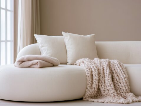 White boucle sofa with pillows and chunky knit blanket in neutral interior