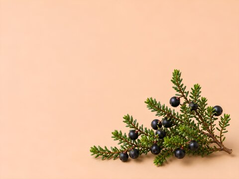 Fresh Berries Background &ndash; Crowberry. Ripe black crowberries naturally attached to evergreen sprigs with tiny needle-like leaves, arranged on a warm beige background with generous copy space.