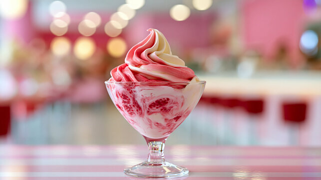 A delicious swirl of pink and white soft-serve ice cream served in a clear glass sundae cup on a table inside a bright retro cafe with a charming colorful glowing bokeh background.