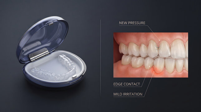 Dental retainer and clear aligner case with 3D scan of teeth occlusion. Professional orthodontic treatment concept for invisible braces and teeth straightening