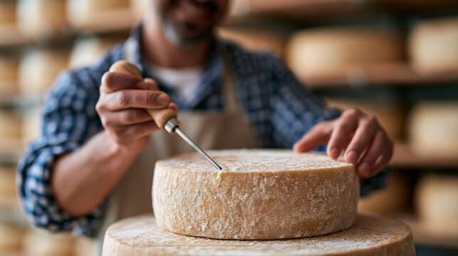 Artisan cheesemaker drawing a thin sample with a cheese trier from a large aging wheel to check ripeness, close medium shot capturing texture and aroma-testing gesture, rows of whe