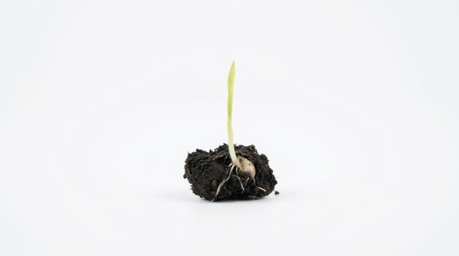 A small green plant sprout growing from a clump of dark soil isolated on a plain white background