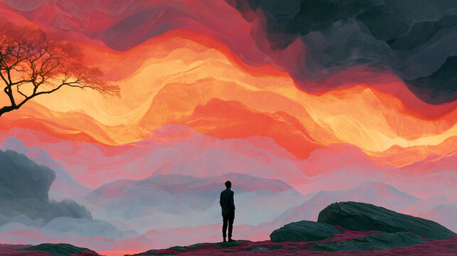 A breathtaking surreal digital painting of a lone person standing on a cliff watching a magnificent fiery sky filled with layered vibrant red orange and pink waves with an ancient tree and rocks.