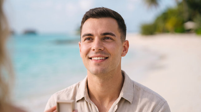 Romantic marriage proposal on a pristine Maldives beach: a young man kneeling on the white sand to propose to his surprised girlfriend with a ring.