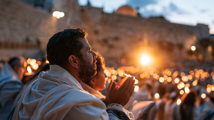 Fototapeta premium Wide side-angle documentary photograph of the Western Wall plaza filled with Jewish worshippers in white tallit shawls during nighttime Selichot prayers, rows of illuminated prayer