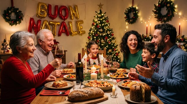 Buon Natale Italian Christmas dinner, multi-generational family celebrating holiday meal, festive home interior with tree