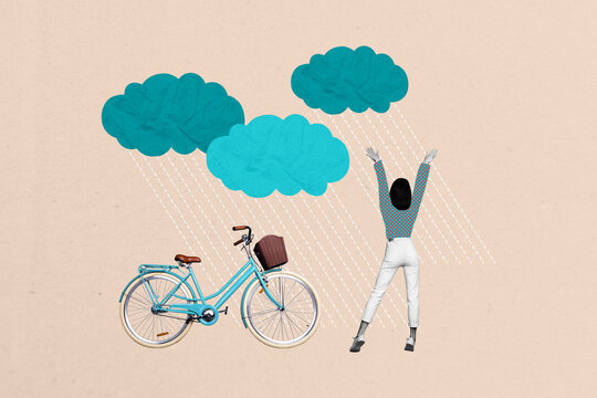 Composite sketch artwork 3D photo collage of young lady stand bakc hands up bike travel stormy weather rain foliage autumn cloud sky