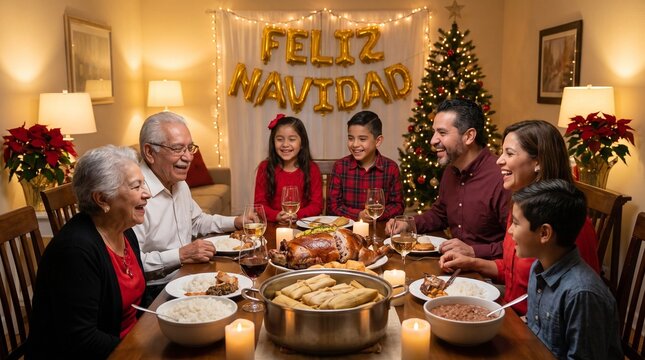 Feliz Navidad Hispanic family Christmas dinner, multi-generational Latin family holiday celebration, traditional festive meal with roasted pig