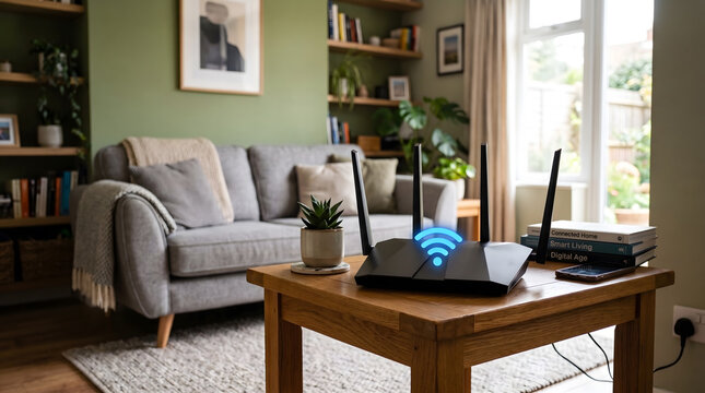 Modern wireless wifi router on table with glowing signal icon in home interior