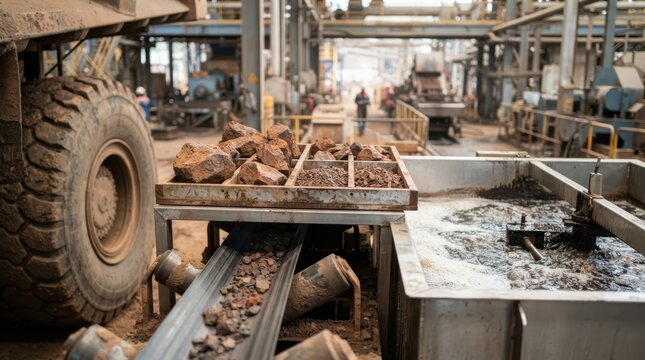 Nickel extraction and ore processing setup with laterite fragments, haul truck tire, flotation cell, conveyor rollers, and rock sample tray