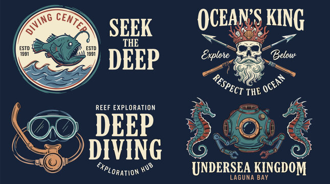 Nautical exploration vintage badge collection. Deep sea diving illustration for t shirt design. Underwater kingdom and ocean king vector art. Hand drawn retro maritime emblem set.