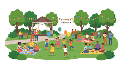 Fototapeta premium Diverse families enjoying a vibrant summer picnic in a park with a gazebo and colorful decorations.