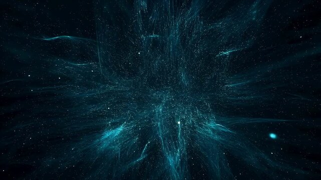 Glowing cyan wireframe cube forms and pulses as particles flow inward and outward on a dark blue background. Energy animation combines glowing light with expanding particle motion.