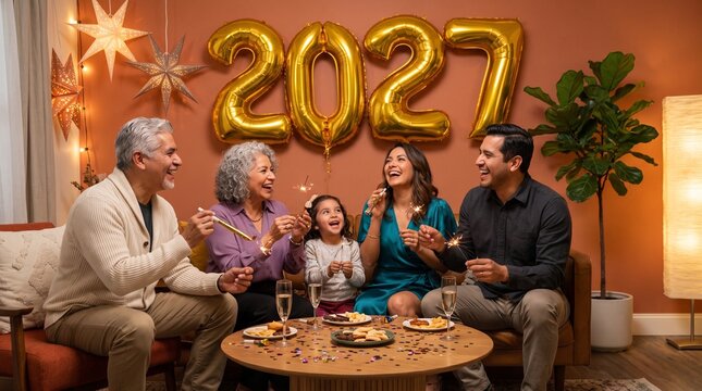 Happy 2027 New Year celebration, multi-generational family party with gold balloons, festive holiday gathering at home
