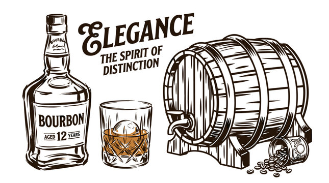 Premium bourbon whiskey bottle with glass. Vintage oak barrel distillery sketch. Elegant spirit beverage illustration. Retro hand drawn alcohol graphics.