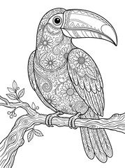 Naklejka premium Toucan perched on a branch adult coloring page with floral pattern line art vector illustration