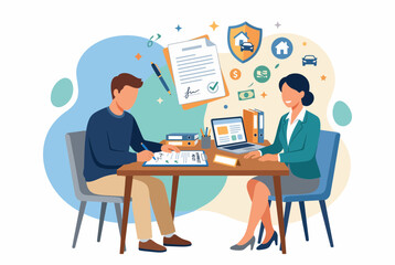 Fototapeta premium Man signing life and home insurance policy with professional agent