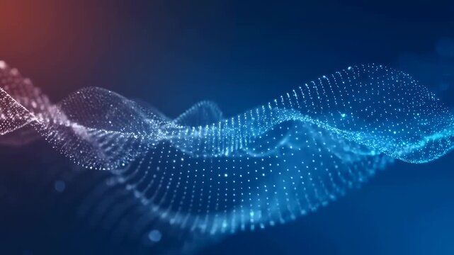 Flowing wave of glowing digital particles undulates across a dark blue background. Flowing visual background for technology presentations and digital media.