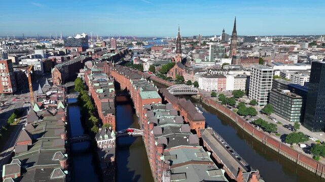 Hamburg, Germany - 12 August 2026: Aerial view of the historic Speicherstadt warehouse district with its iconic red brick buildings and canals.