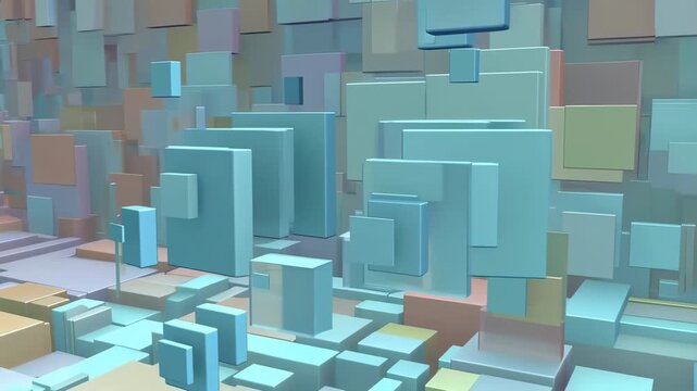 Pastel-colored 3D rectangular blocks float and shift vertically and horizontally within a layered abstract digital space. Animated background combines soft lighting with layered depth.