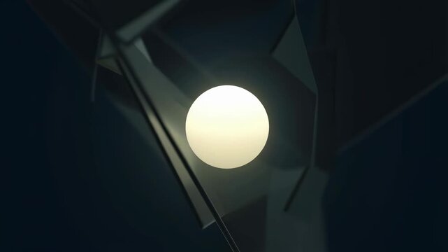 Glowing sphere rotates smoothly surrounded by reflective triangular planes in a dark abstract digital space. Layered dark blue and black tones enhance movement and depth.