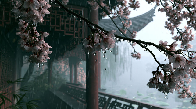 A picturesque rainy spring day capturing delicate cherry blossom branches glistening with cascading water drops overlooking a traditional Asian temple and a serene misty landscape.
