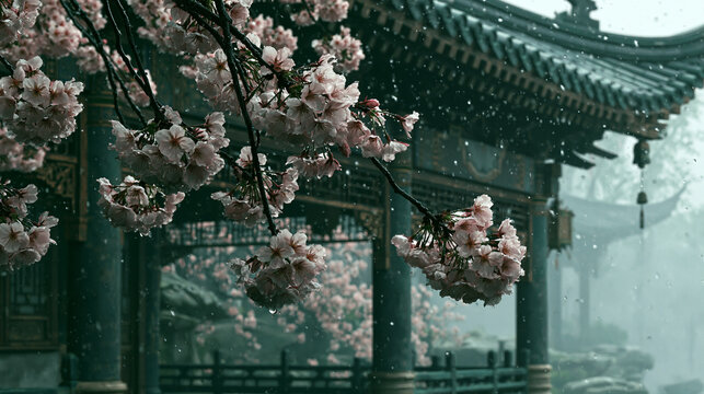 A picturesque rainy spring day capturing delicate cherry blossom branches glistening with cascading water drops overlooking a traditional Asian temple and a serene misty landscape.