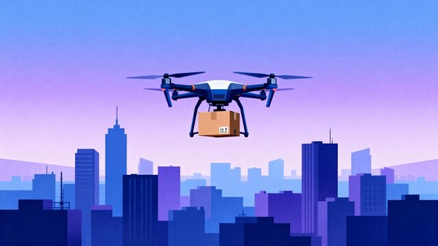 Drone delivering package over city