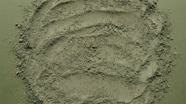 Olive green organic cosmetic clay powder spread evenly in a circular shape captured with flat lay top down camera angles