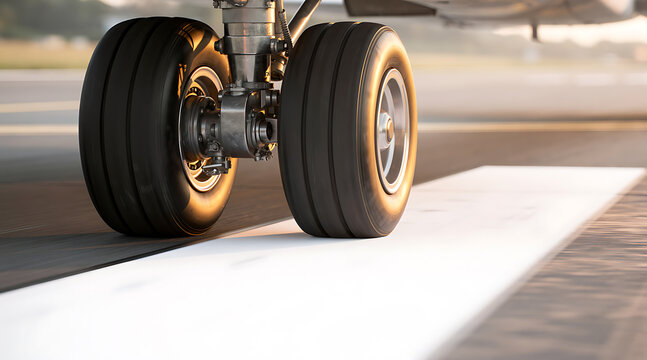 Close-up view of aircraft landing gear touching runway surface during taxiing process capturing detailed tires and mechanical